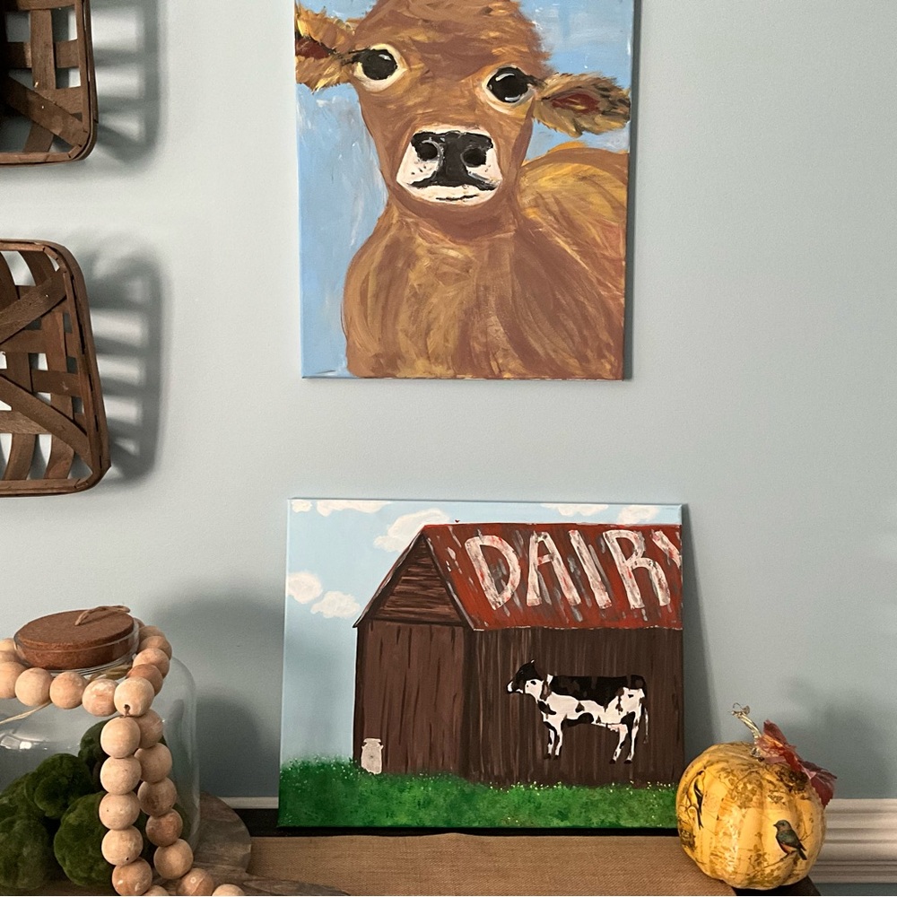 Farmhouse Decor Dairy Barn Cow Art Acrylic Painting Farm Country Tin Roof
